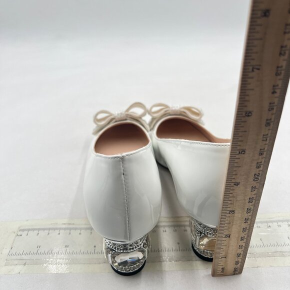 FSJ White Pointed Toe Crystal Pump Rhinestone Bow Block Low Heel Slip On Shoes - Picture 5 of 8